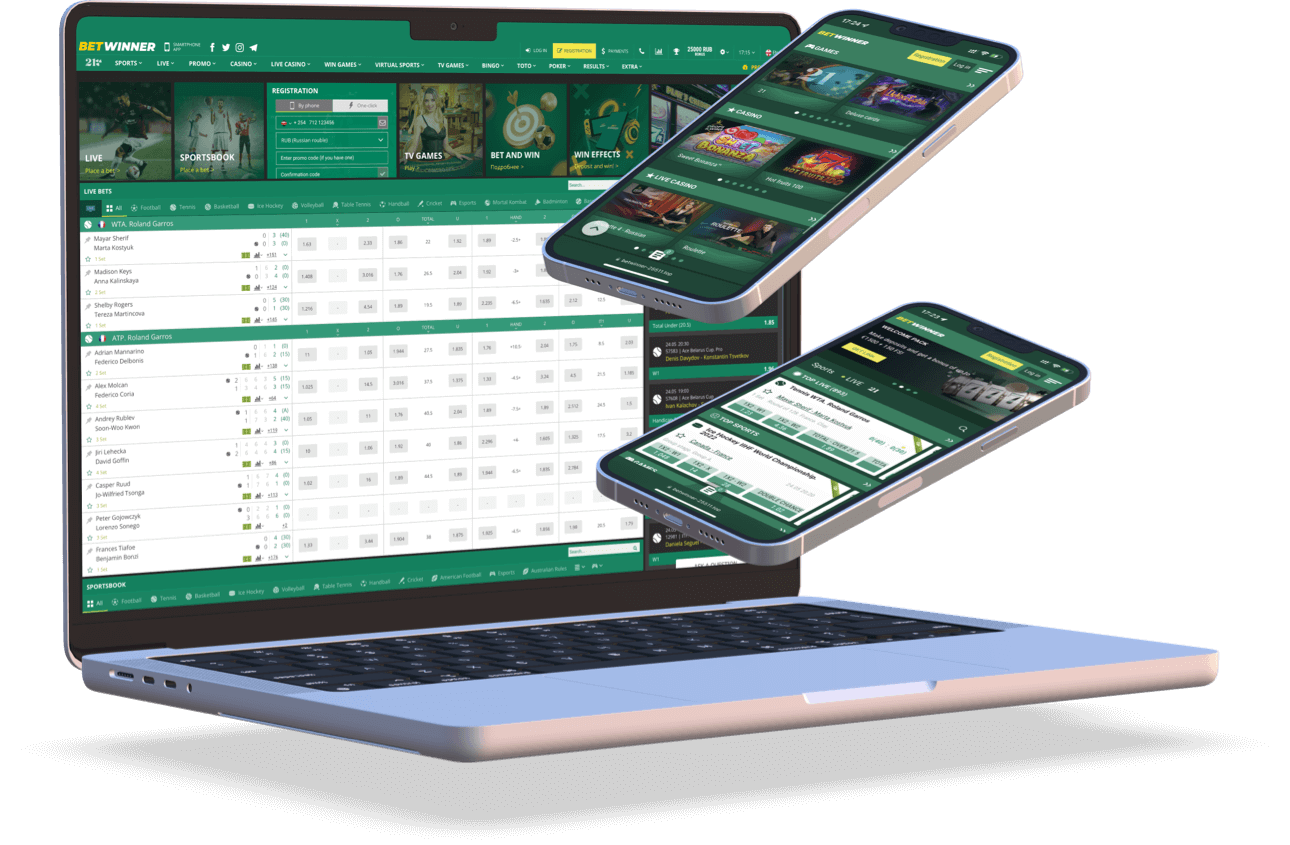 BetWinner running on a laptop and phones