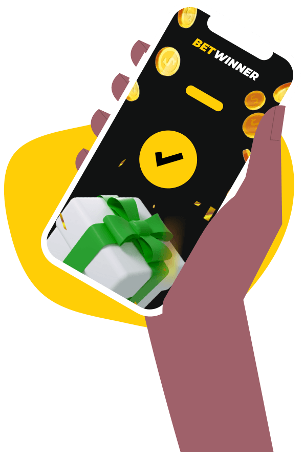 A hand holding a phone running the BetWinner app, surrounded by gold coins